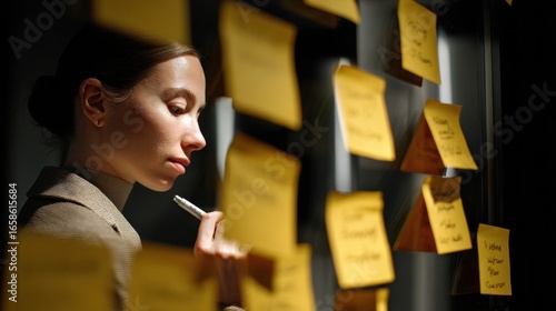 A woman wearing a beige blazer reflects while writing on a notepad surrounded by sticky notes