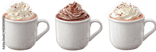 Three cups of hot chocolate, topped with whipped cream and cocoa sprinkles
