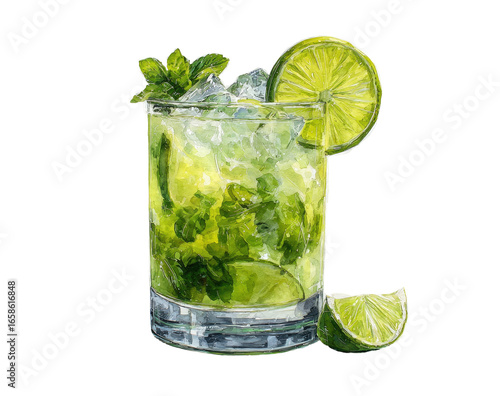 Vibrant, hand-drawn mojito in a glass.  Fresh lime slices, icy cubes, and sprigs of vibrant green herbs top the drink