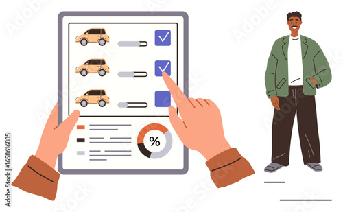 Tablet displaying car options with selection checklist, interactive buttons, and data chart. Person observing nearby. Ideal for car rental, user interface, decision-making, data analysis, consumer