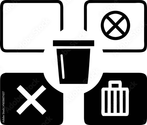 Set of four black and white icons representing common digital operations such as deleting, cancelling, and discarding files or data, ideal for user interfaces and software design
