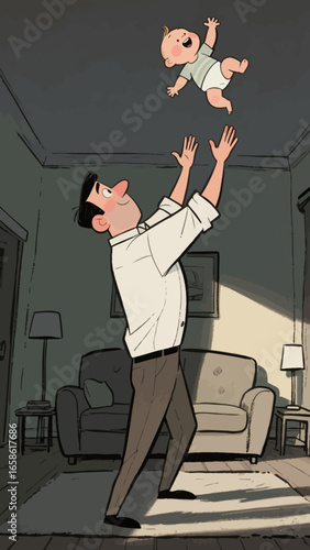 Dad holding his son up, hand-drawn illustrations, cartoon illustrations, family and parent-child time, great fatherly love, exquisite vector illustrations
