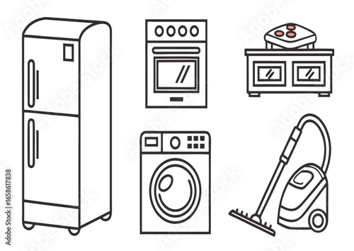 Collection of modern outline icons for home appliances and household items