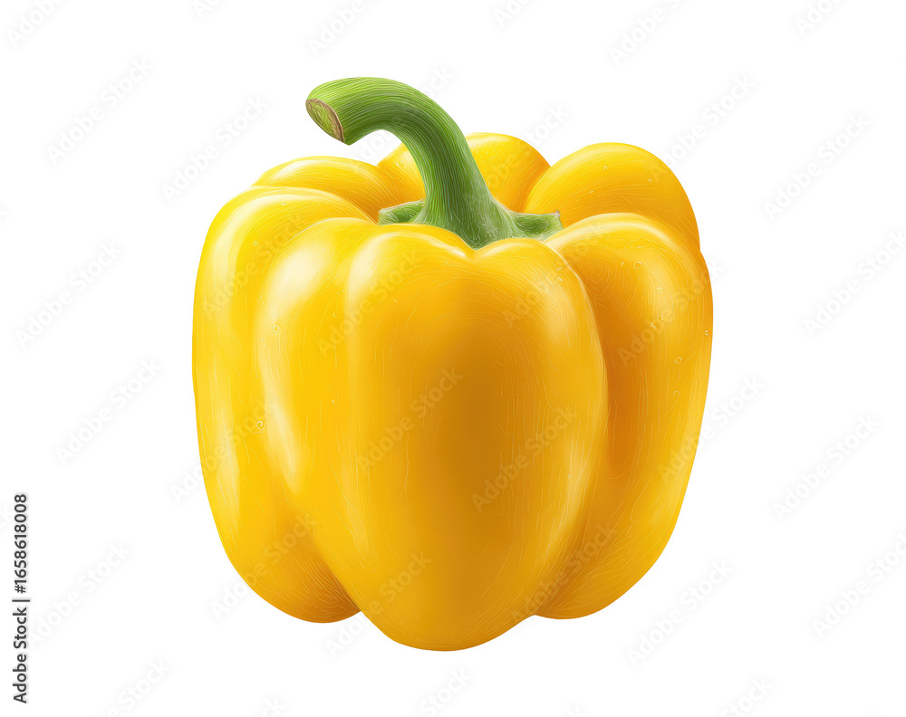 Close-up of a vibrant yellow bell pepper.  The pepper is whole, smooth, and shows a slightly ribbed texture.  Its stem is a pale green, and it is sharply focused against a black background