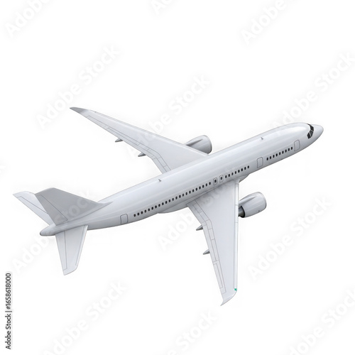 A sleek white passenger jet airplane in flight viewed from below isolated on transparent background