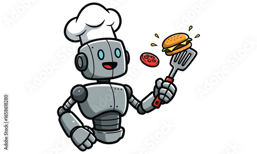 A funny, cute, red cartoon android cyborg toy with a white background is an illustration of futuristic robotic technology