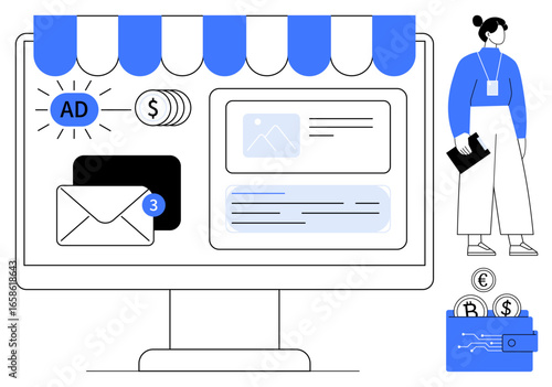 Desktop screen with storefront, email alert, marketing ad, user interface elements. Female figure holding tablet, wallet with coins. Ideal for e-commerce, marketing, strategy business finance
