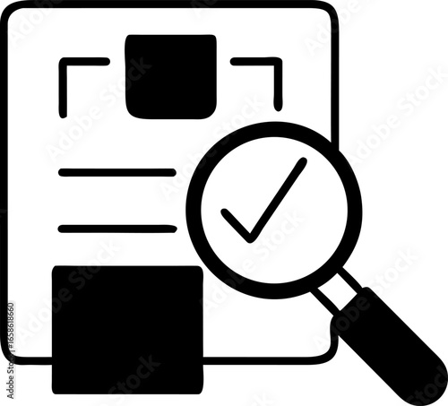 Document Analysis Magnifying Glass Check Mark Icon - Represents research, verification, and inspection of data or information for accuracy and completeness.