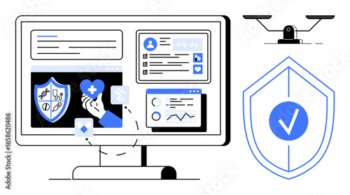 Computer screen with health data, shield icons, analytics, and surveillance camera balancing scale. Ideal for cybersecurity, healthcare, data analysis, telemedicine, insurance technology balancing