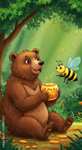 Bear and bee sharing honey