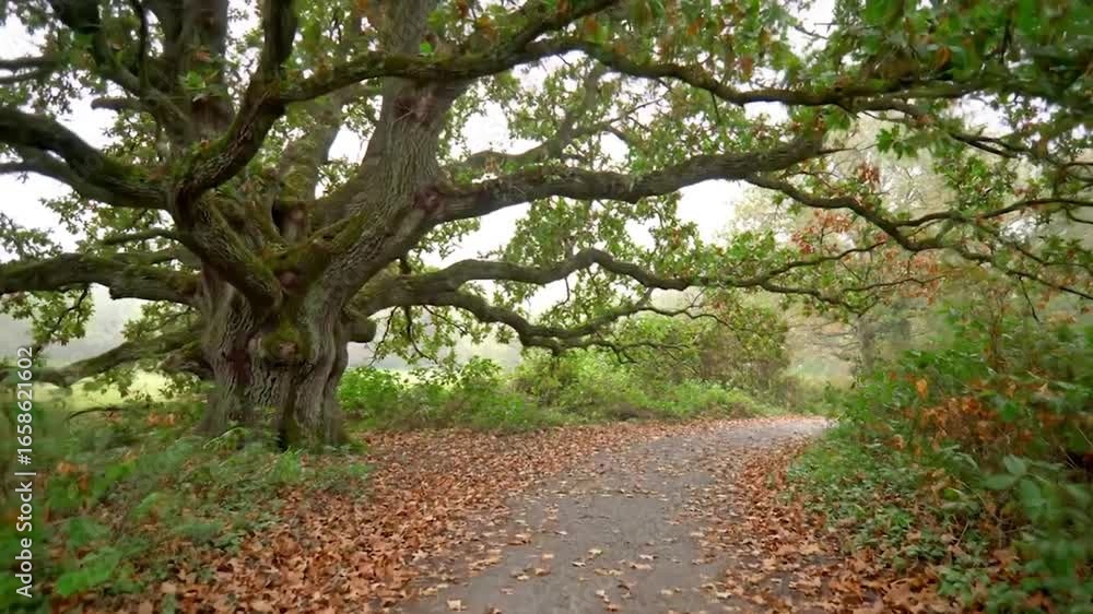 Ancient oak tree on a woodland gravel path. Tranquil forest scene with autumn leaves. Peaceful and realistic nature walk. Ancient oak tree on a woodland gravel path. Tranquil forest scene with autumn leaves. Peaceful and realistic nature walk.