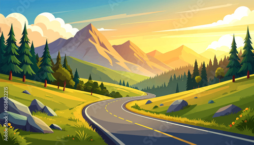 Sunset behind mountains with winding road. Vibrant landscape with curving mountain road. Peaceful road in mountain valley at dusk. Gorgeous winding road through forested hills. Mountain road
