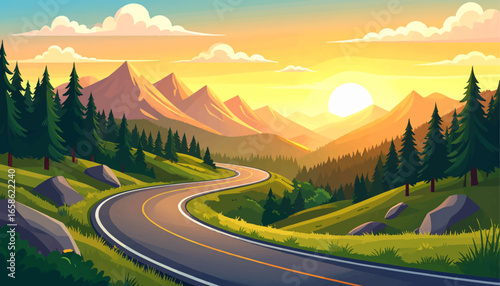 Winding road with sunset in the distance. Scenic highway through beautiful valley. Vibrant hills and winding road at sunset. Breathtaking mountain views along road. Winding path through lush mountains