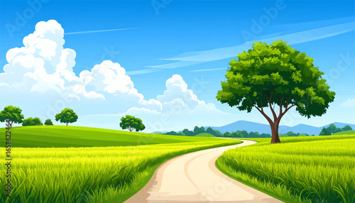 Scenic countryside road with trees. Beautiful landscape with green hills. Peaceful rural road on a sunny day. Tranquil countryside view with trees. Bright landscape of fields and road