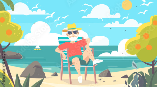 old man is sitting on a beach chair, white clouds in blue sky, green trees, rocks, and a water surface, atmosphere of relaxation. Senior man with sunglasses, hat, shorts. Eldery people on having vacat