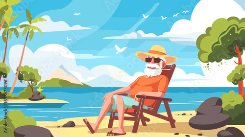 old man is sitting on a beach chair, white clouds in blue sky, green trees, rocks, and a water surface, atmosphere of relaxation. Senior man with sunglasses, hat, shorts. Eldery people on having vacat
