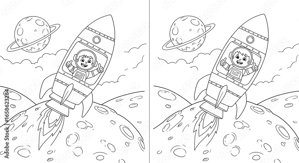 Obraz premium Astronaut Boy Riding Rocket on Space Adventure Outlines