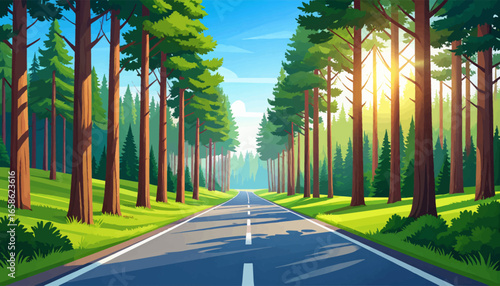 Forest road with sun rays shining. Scenic road through green forest. Peaceful nature road in the woods. Bright road surrounded by trees. Summer forest road under sunlight