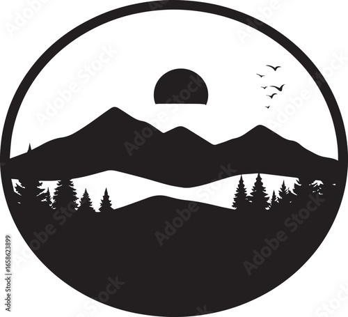  Sunset Round Landscape Silhouette Vector Illustration