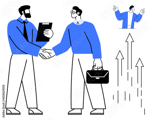 Wallpaper Mural Two professionals shaking hands while discussing, briefcase in hand, growth arrows symbolizing success. Ideal for teamwork, growth, collaboration, trust, leadership strategy career. Simple flat Torontodigital.ca