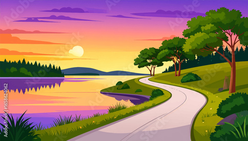 Serene lake view at sunset. Tranquil sunset by the lake. Road along peaceful waters. Sunset over calm lakeside road. Vibrant nature scene at sunset