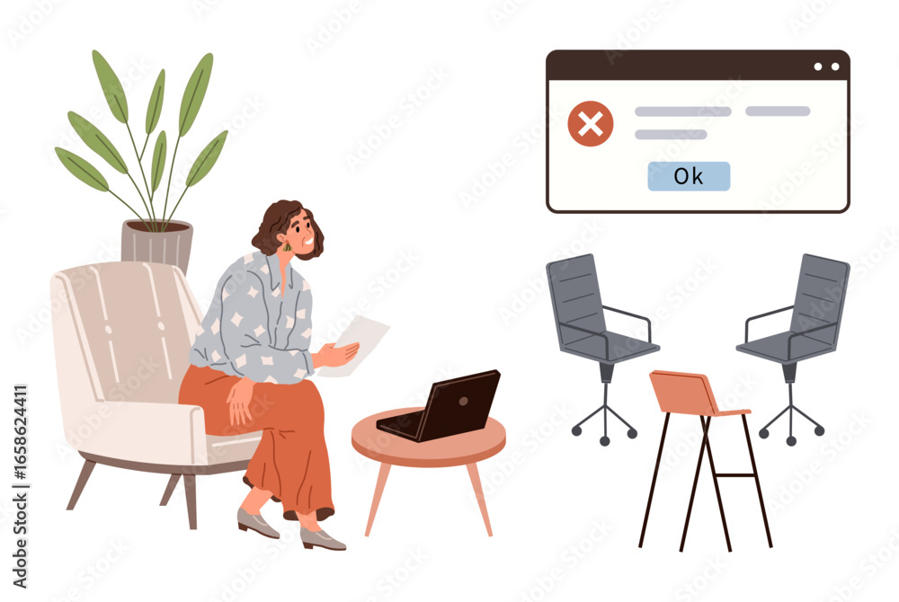 Fototapeta premium Woman seated near a laptop reviewing documents, error message on a screen, modern chairs, and a potted plant. Ideal for technology, problem-solving, remote work, teamwork, design feedback simple