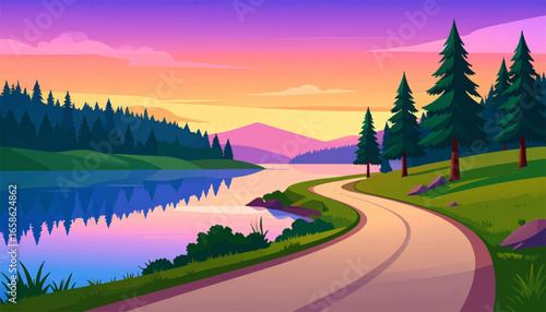 Road through tranquil forest scene. Beautiful lakeside evening drive. Calm road and water sunset view. Majestic road in sunset light. Scenic river and mountain road
