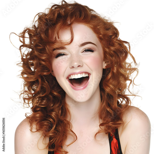 Beautiful young redhead woman with long curly hair laughing joyfully, isolated on transparent background, studio portrait