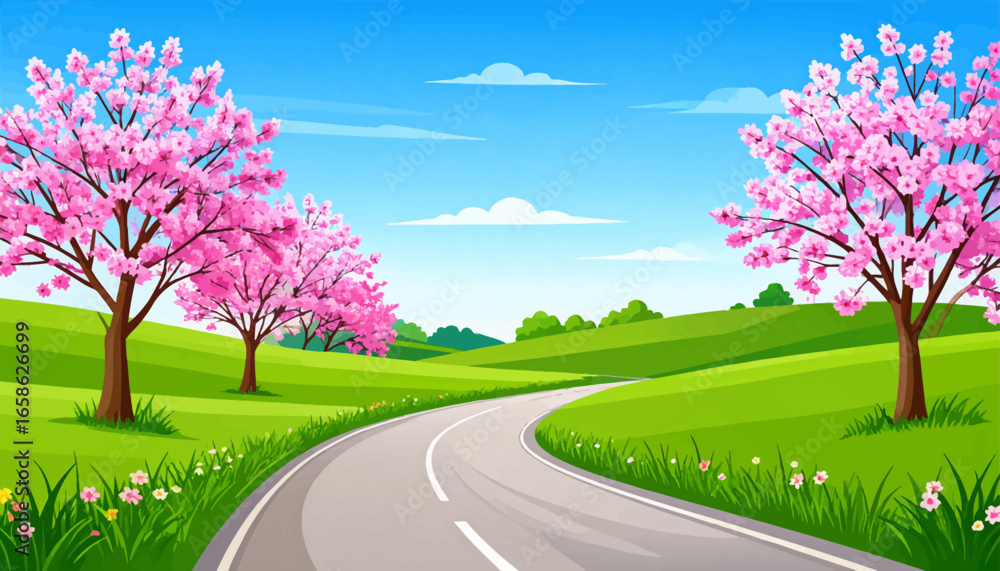 Fototapeta premium Spring blossoms along a scenic road. Scenic drive through a floral landscape. Colorful spring road with blossom trees. Pink blossoms lining the country road. Beautiful road with pink cherry blossoms