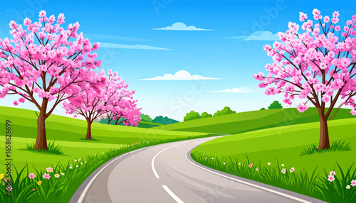 Spring blossoms along a scenic road. Scenic drive through a floral landscape. Colorful spring road with blossom trees. Pink blossoms lining the country road. Beautiful road with pink cherry blossoms