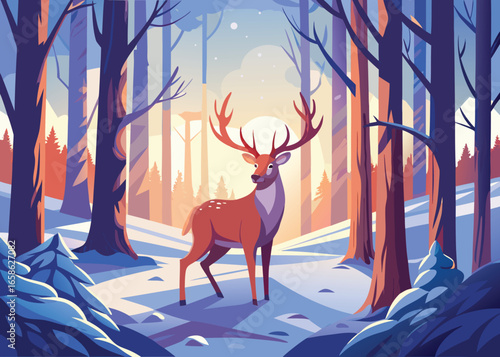 Calm deer standing in a snow covered forest clearing illustration for wildlife concept