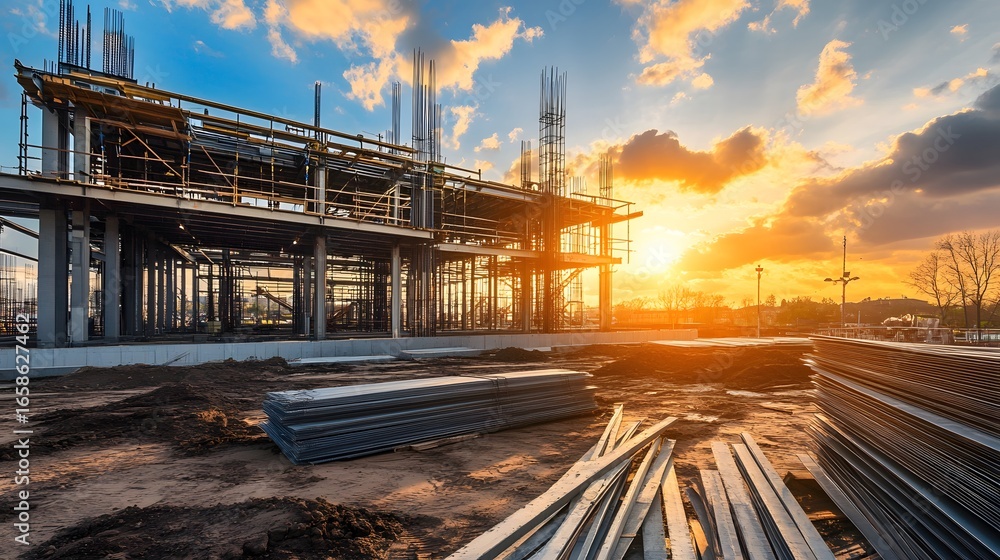 Fototapeta premium Construction site at sunset showcasing steel beams and framework with a vibrant sky and machinery