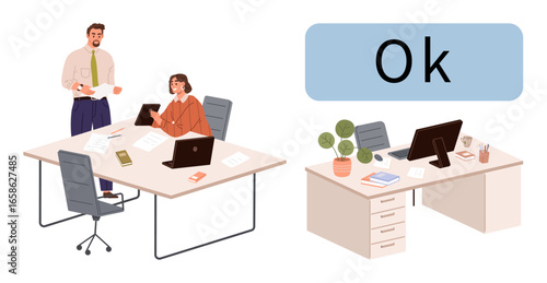Professional team discussing work at desk separate styled desk workspace with plant decor, monitors, and files. Ideal for teamwork, office culture, productivity, workplace harmony, organization