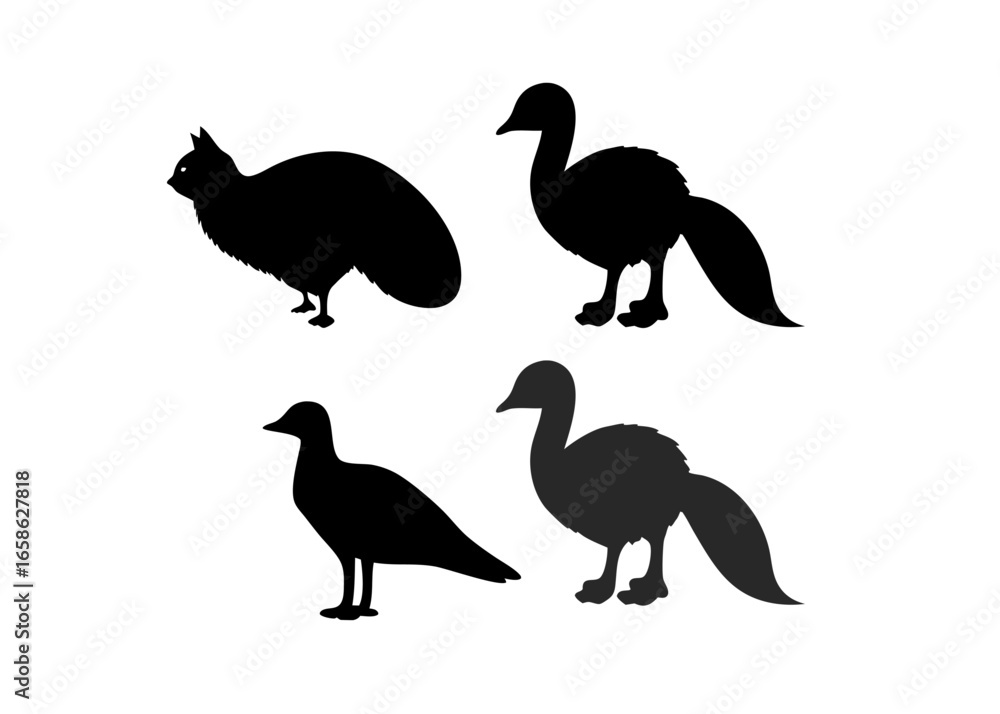 Obraz premium Silhouette Birds: A collection of elegant bird silhouettes gracefully depicted against a contrasting background, Each silhouette is unique in shape.