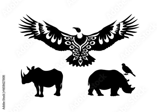 Mystical Trio of the Wild: A striking artistic rendering of three wild creatures, a bird of prey soaring gracefully overhead, flanked by two imposing rhinoceroses on the earth below.