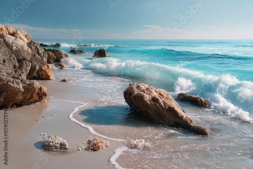Serene beach with crystal clear waters and gentle waves caressing golden sand during a sunny day