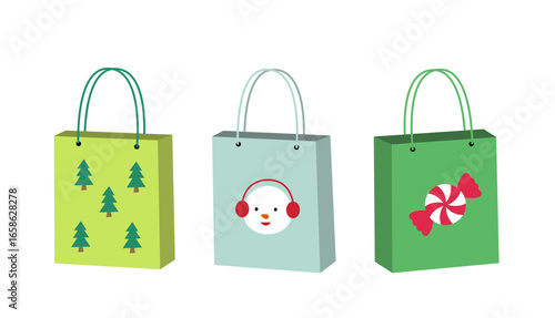 Set of winter Christmas shopping paper bag flat vector stock  illustration.
Holidays gift bag elements .
White background.