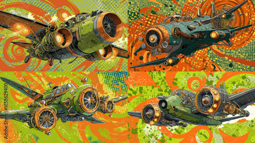 Vibrant illustration of green steampunk fighter planes in motion with glowing engines. Retro sci-fi aviation concept combining vintage mechanics and fantasy energy.