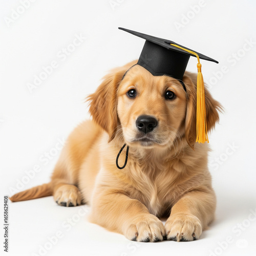 golden retriever dog wearing graduation cap