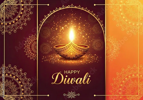 Photo of golden diwali diya with intricate mandala designs and festive lights for a happy and prosperous celebration of the festival of lights