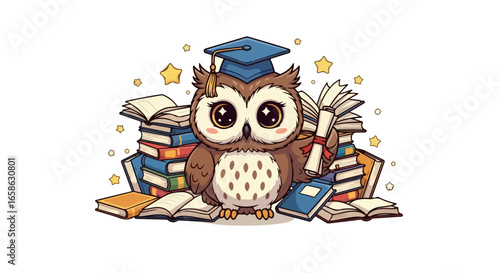 Cute Owl Graduate VECTOR, Surrounded by Books and a Diploma Educational Illustration
