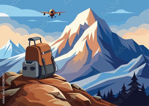 A vibrant illustration showcases a hiking backpack resting on a mountain peak, with a picturesque mountain range and a small airplane in the background.
