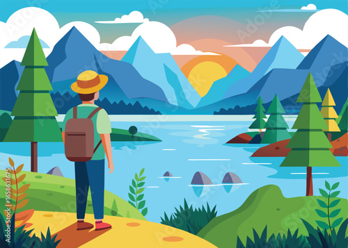 A flat design illustration of a hiker standing on a mountainside, gazing at a serene lake with a majestic mountain range in the background.