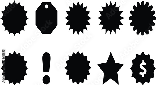 Collection of sale stickers and price tags with starbursts
