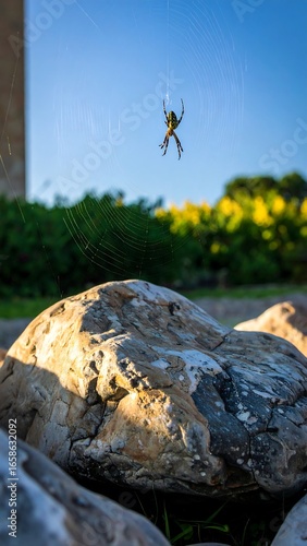 Spider on a web, amongst rocks and greenery