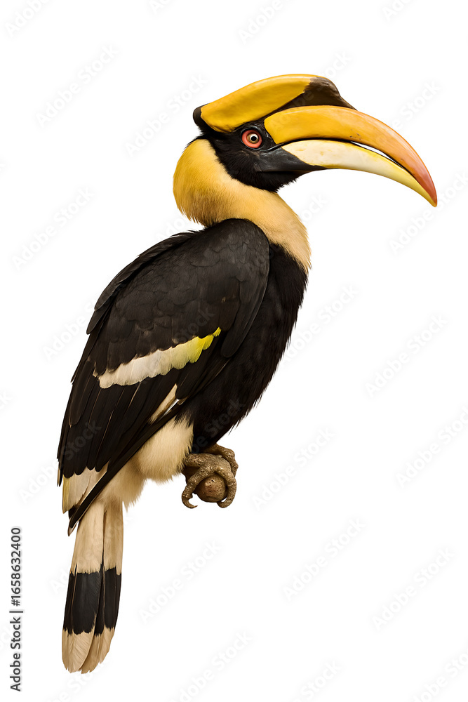 Obraz premium Great Hornbill Perched with Wings Closed, Photorealistic Full Body Portrait with Detailed Feathers and Beak, Isolated on Pure White Background, High Resolution Wildlife Stock Photo