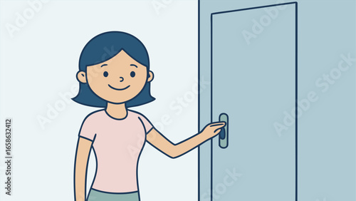 Young woman opening a door with a smile