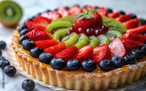 Colorful fruit tart on marble surface showcases food photography. Use for desserts, sweets menus, recipe blogging, food product photography, posters.