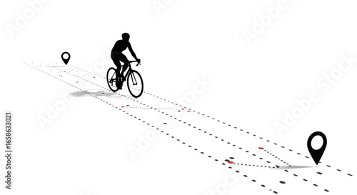 Cyclist Riding on a Path with Dotted Lines and Red Markers in Silhouette