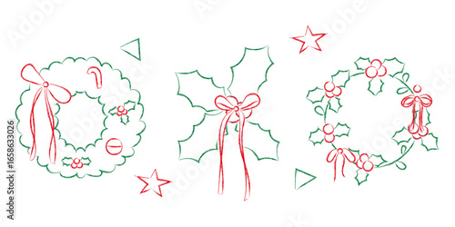 set of Christmas wreath with holly leaves, red berries and ribbon bow in doodle line art